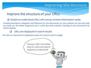 Improving Site Structure
Improve the structure of your URLs
Creating descriptive categories and filenames for the documents on your website can not only help
you keep our site better organized, but it could also lead to better crawling of your documents by
search engines
 URLs are displayed in search results
The URL to a document is displayed as part of a search result in Google
 Simple-to-understand URLs will convey content information easily.
 