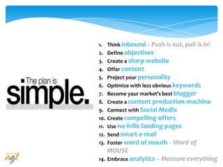 1. Think inbound – Push is out, pull is in!
2. Define objectives
3. Create a sharp website
4. Offer content
5. Project your personality
6. Optimize with less obvious keywords
7. Become your market’s best blogger
8. Create a content production machine
9. Connect with Social Media
10. Create compelling offers
11. Use no-frills landing pages
12. Send smart e-mail
13. Foster word of mouth – Word of
MOUSE
14. Embrace analytics – Measure everything
 