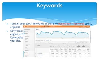 Keywords
 You can see search keywords by going to Acquisition – Keywords (paid,
organic)
 Keywords are individual words or phrases that you type into a search
engine to find the sites you want to visit. In Google Analytics, the
Keywords page shows you which words or phrases brought people to
your site.
 
