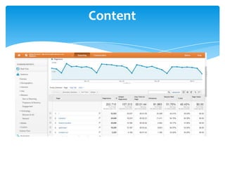 Content
Click on Acquisition – Content – All pages to see the most viewed content
on your site within the last 30 days, or whichever time period you
choose.
Try sorting the table by Bounce Rate (click on the column header). You can now choose the
“Weighted” option under Sort Type for a more useful result set. So instead of the 100%
bounce rates with only 1 entrance at the top of the list, you should now see the pages with
the biggest overall number of people bouncing away
 