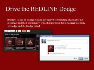 Drive the REDLINE Dodge
Strategy: Focus on awareness and advocacy by promoting sharing by the
influencer and their community, while highlighting the influencer’s affinity
for Dodge and the Dodge brand.
 