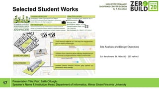 17
Selected Student Works
Presentation Title: Prof. Salih Ofluoglu
Speakers Name & Institution: Head, Department of Informatics, Mimar Sinan Fine Arts University
Site Analysis and Design Objectives
EUI Benchmark: 94,1 kBtu/ft2 - 257 kwh/m2
HIGH PERFORMANCE
SHOPPING CENTER DESIGN
by T. Bacaks?z
 