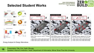 18
Selected Student Works
Presentation Title: Prof. Salih Ofluoglu
Speakers Name & Institution: Head, Department of Informatics, Mimar Sinan Fine Arts University
Energy Analysis for Design Alternatives
HIGH PERFORMANCE
SHOPPING CENTER DESIGN
by T. Bacaks?z
 