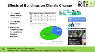 3
Effects of Buildings on Climate Change
Presentation Title: Prof. Salih Ofluoglu
Speakers Name & Institution: Head, Department of Informatics, Mimar Sinan Fine Arts University
Global CO2 emission
(Source: International Energy Agency, EIA)
? High (fossil-
based) energy
consumption
? High carbon
emission
? There is an
increasing need
for sustainable
building
solutions
Energy Consumption by sectors
(Source: ?zoder ?s? yal?t?m report, 2010)
 