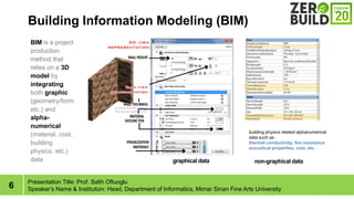 6
Building Information Modeling (BIM)
Presentation Title: Prof. Salih Ofluoglu
Speakers Name & Institution: Head, Department of Informatics, Mimar Sinan Fine Arts University
BIM is a project
production
method that
relies on a 3D
model by
integrating
both graphic
(geometry/form
etc.) and
alpha-
numerical
(material, cost,
building
physics, etc.)
data non-graphical data
graphical data
building physics related alphanumerical
data such as
thermal conductivity, fire resistance
acoustical properties, cost, etc.
 