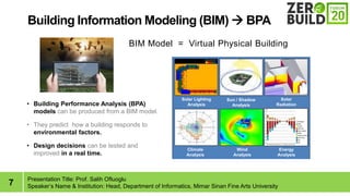 7
Building Information Modeling (BIM) ? BPA
Presentation Title: Prof. Salih Ofluoglu
Speakers Name & Institution: Head, Department of Informatics, Mimar Sinan Fine Arts University
Sun / Shadow
Analysis
Solar
Radiation
Analysis
Solar Lighting
Analysis
Wind
Analysis
Energy
Analysis
Climate
Analysis
? Building Performance Analysis (BPA)
models can be produced from a BIM model.
? They predict how a building responds to
environmental factors.
? Design decisions can be tested and
improved in a real time.
BIM Model = Virtual Physical Building
 