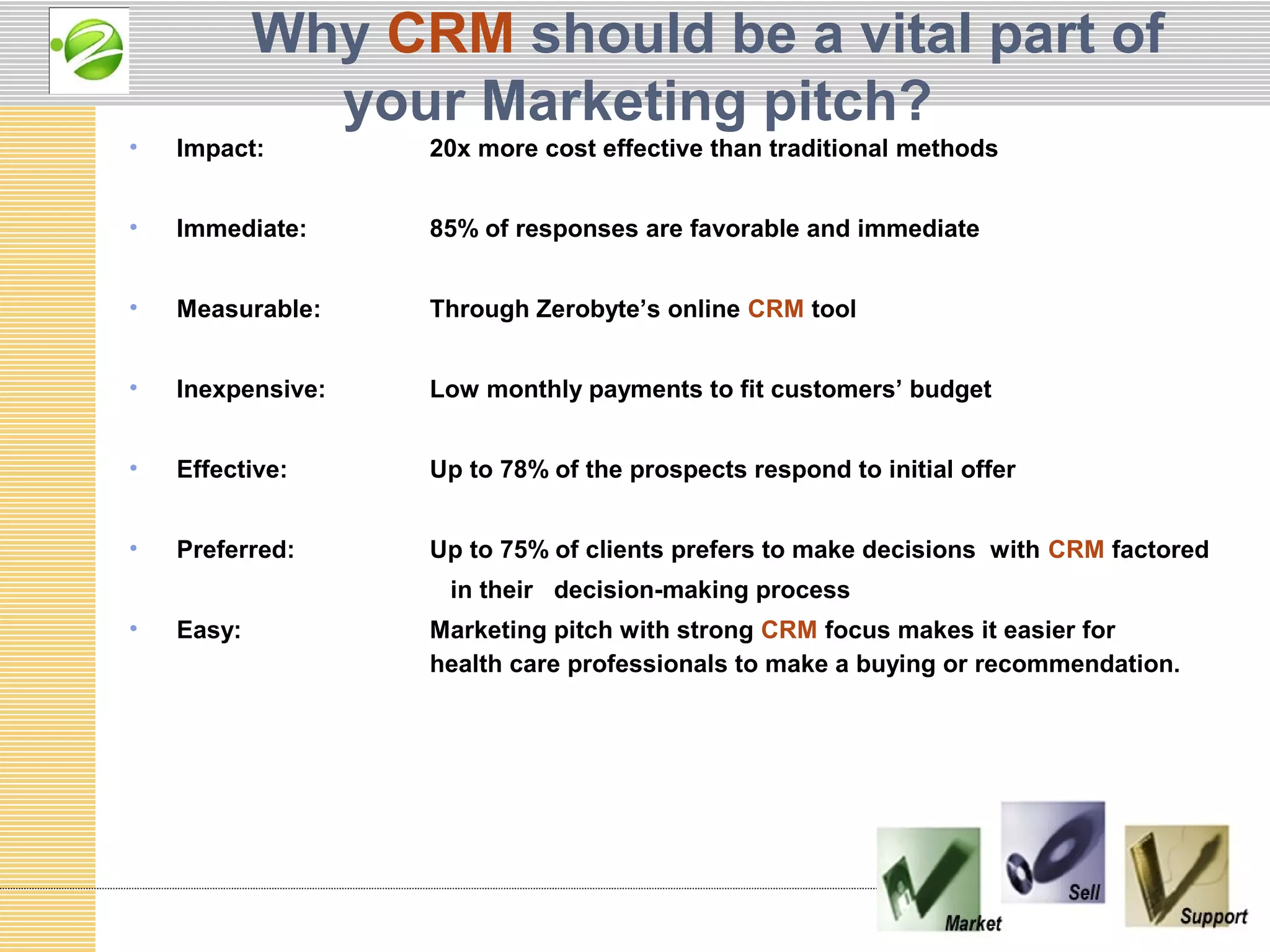 Why CRM should be a vital part of
              your Marketing pitch?
•   Impact:        20x more cost effective than traditional methods


•   Immediate:     85% of responses are favorable and immediate


•   Measurable:    Through Zerobyte’s online CRM tool


•   Inexpensive:   Low monthly payments to fit customers’ budget


•   Effective:     Up to 78% of the prospects respond to initial offer


•   Preferred:     Up to 75% of clients prefers to make decisions with CRM factored
                    in their decision-making process
•   Easy:          Marketing pitch with strong CRM focus makes it easier for
                   health care professionals to make a buying or recommendation.
 