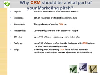 Why CRM should be a vital part of
              your Marketing pitch?
•   Impact:        20x more cost effective than traditional methods


•   Immediate:     85% of responses are favorable and immediate


•   Measurable:    Through Zerobyte’s online CRM tool


•   Inexpensive:   Low monthly payments to fit customers’ budget


•   Effective:     Up to 78% of the prospects respond to initial offer


•   Preferred:     Up to 75% of clients prefers to make decisions with CRM factored
                    in their decision-making process
•   Easy:          Marketing pitch with strong CRM focus makes it easier for
                   health care professionals to make a buying or recommendation.
 