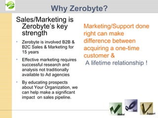 Why Zerobyte?
Sales/Marketing is
 Zerobyte’s key                    Marketing/Support done
 strength                          right can make
•   Zerobyte is involved B2B &     difference between
    B2C Sales & Marketing for      acquiring a one-time
    15 years
                                   customer &
•   Effective marketing requires
    successful research and         A lifetime relationship !
    analysis not traditionally
    available to Ad agencies
•   By educating prospects
    about Your Organization, we
    can help make a significant
    impact on sales pipeline.
 