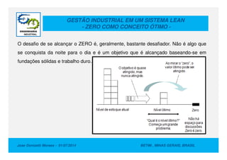 GESTÃO INDUSTRIAL EM UM SISTEMA LEAN
- ZERO COMO CONCEITO ÓTIMO -
O desafio de se alcançar o ZERO é, geralmente, bastante desafiador. Não é algo que
se conquista da noite para o dia e é um objetivo que é alcançado baseando-se em
fundações sólidas e trabalho duro.
Jose Donizetti Moraes - 01/07/2014 BETIM , MINAS GERAIS, BRASIL
 
