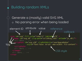Generate a (mostly) valid SVG XML
o No parsing error when being loaded
Building random XMLs
element ID valueattribute reference
callback
tag
22
CSS style
 