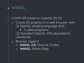 WebGL
31
A DOM API based on OpenGL ES 2.0
o Create 3D graphics in a web browser with:
(1) OpenGL shading language GLSL
§ C-alike programs
(2) Standard OpenGL APIs described in
JavaScript
o Browser support
o WebGL 2.0: Chrome, Firefox
o WebGL: Safari, Edge
 