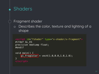 Shaders
37
Fragment shader
o Describes the color, texture and lighting of a
shape
 