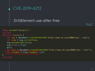 SVGElement use-after-free
CVE-2019-6212
45
free
use
PoC
 