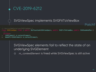 CVE-2019-6212
46
SVGViewSpec implements SVGFitToViewBox
SVGViewSpec elements fail to reflect the state of an
underlying SVGElement
o m_contextElement is freed while SVGViewSpec is still active
Patch1
 