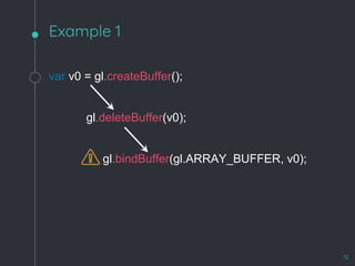 Example 1
12
var v0 = gl.createBuffer();
gl.deleteBuffer(v0);
gl.bindBuffer(gl.ARRAY_BUFFER, v0);
 