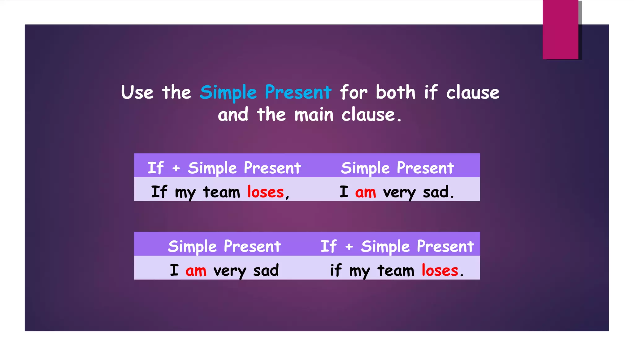 Use the Simple Present for both if clause
and the main clause.
If + Simple Present

Simple Present

If my team loses,

I am very sad.

Simple Present

If + Simple Present

I am very sad

if my team loses.

 