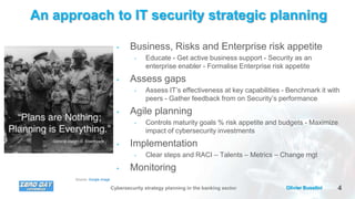4Olivier BusoliniCybersecurity strategy planning in the banking sector
An approach to IT security strategic planning
• Business, Risks and Enterprise risk appetite
• Educate - Get active business support - Security as an
enterprise enabler - Formalise Enterprise risk appetite
• Assess gaps
• Assess IT’s effectiveness at key capabilities - Benchmark it with
peers - Gather feedback from on Security’s performance
• Agile planning
• Controls maturity goals % risk appetite and budgets - Maximize
impact of cybersecurity investments
• Implementation
• Clear steps and RACI – Talents – Metrics – Change mgt
• Monitoring
Source: Google image
 