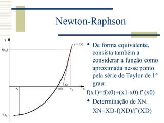 Newton-Raphson
 De forma equivalente,
consista também a
considerar a função como
aproximada nesse ponto
pela série de Taylor de 1°
grau:
f(x1)=f(x0)+(x1-x0).f’(x0)
 Determinação de XN:
XN=XD-f(XD)/f’(XD)
 