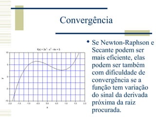 Convergência
 Se Newton-Raphson e
Secante podem ser
mais eficiente, elas
podem ser também
com dificuldade de
convergência se a
função tem variação
do sinal da derivada
próxima da raiz
procurada.
 