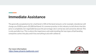 Immediate Assistance
The generally accepted price for a bail bond is 10% of the bond amount, so for example a bondsman will
charge you $100 to post a $1,000 bail bond. It's common practice in this industry to tell clients that this
price is completely non negotiable because the percentage rate is set by law and cannot be altered. This
is only partially true. This is where the importance and understanding the two types of bail bonding
companies comes into play and it has everything to do with collateral.
For more information:
https://www.phoenix-bailbonds.com/
 