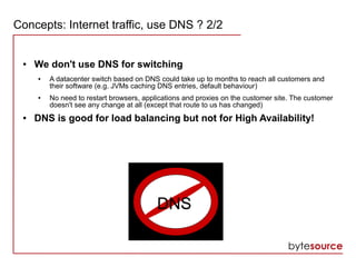 Concepts: Internet traffic, use DNS ? 2/2
● We don't use DNS for switching
● A datacenter switch based on DNS could take up to months to reach all customers and
their software (e.g. JVMs caching DNS entries, default behaviour)
● No need to restart browsers, applications and proxies on the customer site. The customer
doesn't see any change at all (except that route to us has changed)
● DNS is good for load balancing but not for High Availability!
 
