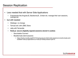 Session Replication
● Less needed that with Server Side Applications
● Frameworks like AngularJS, BackboneJS , Ember etc. manage their own sessions,
routings etc.
● but still needed
● Weblogic: no change
● Tomcat evtl. with JDBC Store
● Jetty with Terracotta
● Node.js: secure (digitally signed) sessions stored in cookies
– Senchalabs Connect
– Mozilla/node-client-sessions
● https://hacks.mozilla.org/2012/12/using-secure-client-side-sessions-to-build-simple-and-
scalable-node-js-applications-a-node-js-holiday-season-part-3/
 