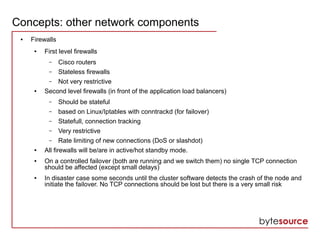 Concepts: other network components
● Firewalls
● First level firewalls
– Cisco routers
– Stateless firewalls
– Not very restrictive
● Second level firewalls (in front of the application load balancers)
– Should be stateful
– based on Linux/Iptables with conntrackd (for failover)
– Statefull, connection tracking
– Very restrictive
– Rate limiting of new connections (DoS or slashdot)
● All firewalls will be/are in active/hot standby mode.
● On a controlled failover (both are running and we switch them) no single TCP connection
should be affected (except small delays)
● In disaster case some seconds until the cluster software detects the crash of the node and
initiate the failover. No TCP connections should be lost but there is a very small risk
 