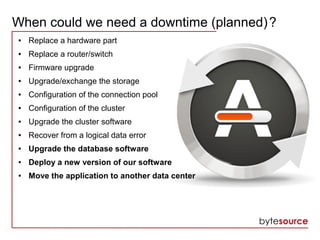When could we need a downtime (planned)?
● Replace a hardware part
● Replace a router/switch
● Firmware upgrade
● Upgrade/exchange the storage
● Configuration of the connection pool
● Configuration of the cluster
● Upgrade the cluster software
● Recover from a logical data error
● Upgrade the database software
● Deploy a new version of our software
● Move the application to another data center
 