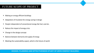 DESIGN, PLANNING AND EFFECTIVENESS STUDY OF ZERO ENERGY BUILDING
47
FUTURE SCOPE OF PROJECT
 Making an energy efficient buildings
 Adaptation of Insulation for energy saving in design
 People independent of conventional energy like fuel, coal etc.
 Reduce the impact of energy crisis
 Change in the design concept
 Balance between demand and supply of energy
 Meeting the sustainability aspect, which is the future of world
 