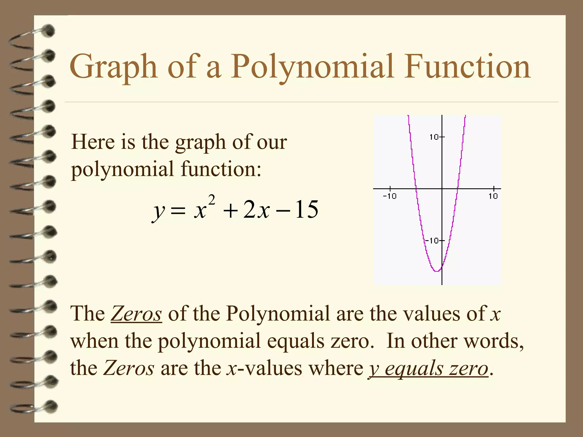 Graph of a Polynomial Function Here is the graph of our polynomial function: The  Zeros  of the Polynomial are the values of  x  when the polynomial equals zero.  In other words, the  Zeros  are the  x -values where  y equals zero . 