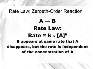 Rate Law: Zeroeth-Order Reaction

A→B
Rate Law:
0
Rate = k x [A]

B appears at same rate that A
disappears, but the rate is independent
of the concentration of A

 
