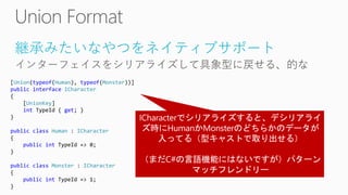 継承みたいなやつをネイティブサポート
[Union(typeof(Human), typeof(Monster))]
public interface ICharacter
{
[UnionKey]
int TypeId { get; }
}
public class Human : ICharacter
{
public int TypeId => 0;
}
public class Monster : ICharacter
{
public int TypeId => 1;
}
 