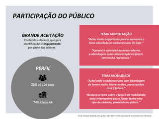 Conteúdo relevante que gera
identificação, e engajamento
por parte dos leitores.
GRANDE ACEITAÇÃO
“Aprovei o conteúdo do novo caderno,
a abordagem sobre alimentação no futuro
tem muita relevância.”
“Achei muito importante para o momento o
tema abordado no caderno rumo de hoje.”
Fonte: Pesquisa realizada entre junho e julho 2015 com 41 assinantes ZH com contato com Call Center.
TEMA ALIMENTAÇÃO
“Destaco o tema sobre o futuro da mobilidade;
acho interessante que o jornal tenha esse
tipo de caderno, pensando no futuro.”
“Achei todo o caderno rumo com abordagem
de temas muito interessantes, preocupados
com o futuro.”
TEMA MOBILIDADE
PARTICIPAÇÃO DO PÚBLICO
PERFIL
74% Classe AB
23% 20 a 29 anos
 