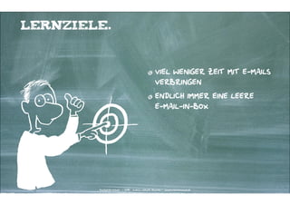LERNZIELE.

VIEL WENIGER ZEIT MIT E-MAILS
VERBRINGEN

ENDLICH IMMER EINE LEERE  
E-MAIL-IN-BOX

Kontakter-Schule | ©| 2014 | | AndreasWiehrdt, München | | www.kontakterschule.de
Andreas Wiehrdt, München www.kontakterschule.de
Kontakter-Schule © 2013

 