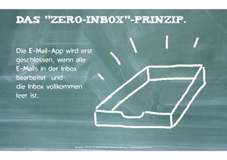 das "zero-inbox"-prinzip.

Die E-Mail-App wird erst
geschlossen, wenn alle
E-Mails in der Inbox
bearbeitet und  
die Inbox vollkommen
leer ist.

Kontakter-Schule | © 2014 | Andreas Wiehrdt, München | www.kontakterschule.de

 