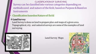 CLASSIFICATIONOF SURVEYING
Surveycan beclassifiedinto variouscategories dependingon
methodsused andnatureof thefield, basedon Purpose&Basedon
Instruments
• ClassificationbasedonNatureof field
LandSurvey
LandSurveyisdoneon land toprepareplan and mapsof a given area.
Topographical, city andcadastralsurveysaresomeof theexamplesof land
surveying
Land Survey Maps
 