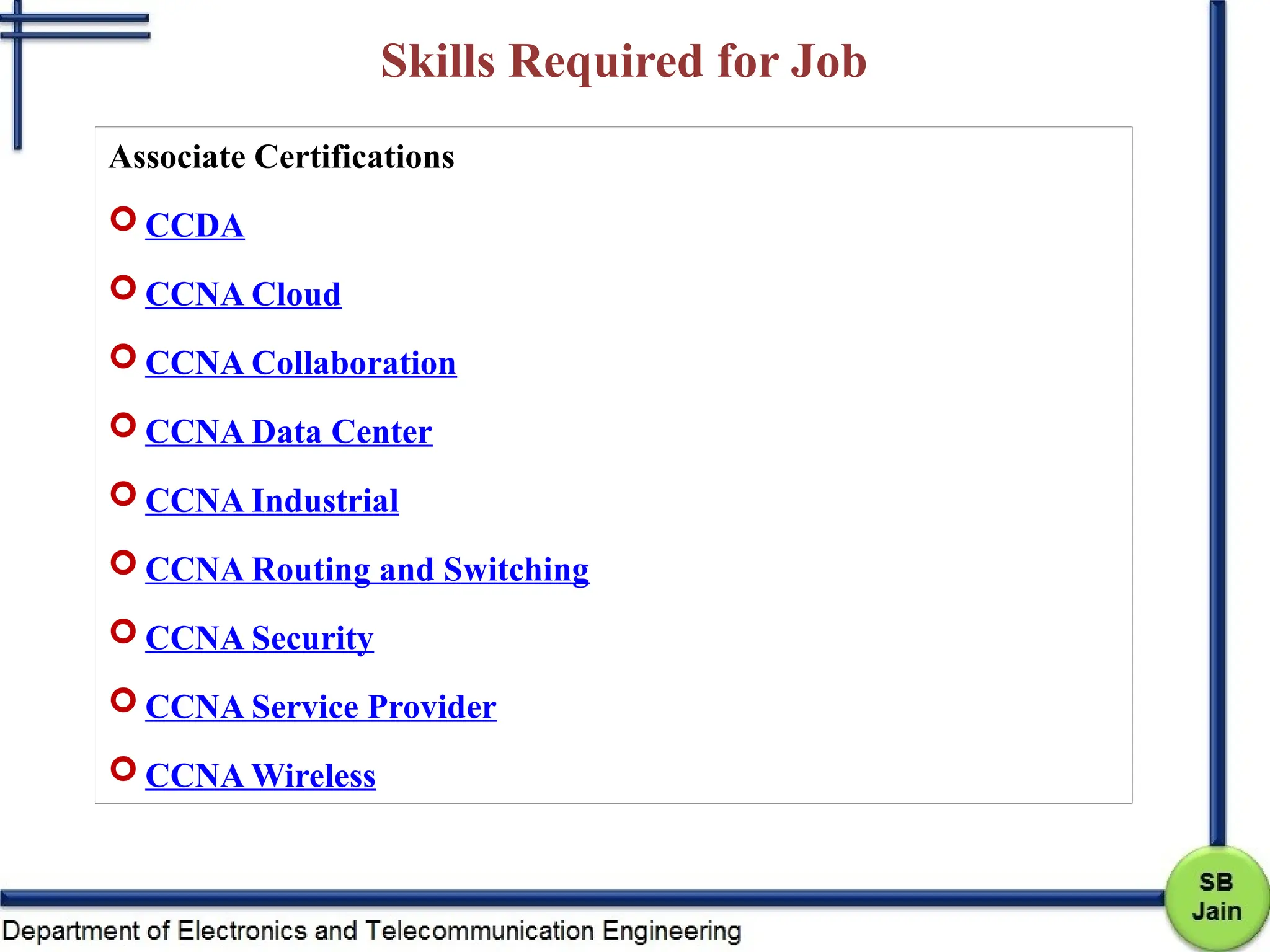 Skills Required for Job
Associate Certifications
 CCDA
 CCNA Cloud
 CCNA Collaboration
 CCNA Data Center
 CCNA Industrial
 CCNA Routing and Switching
 CCNA Security
 CCNA Service Provider
 CCNA Wireless
 