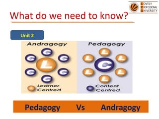 What do we need to know?
Unit 2
Pedagogy Vs Andragogy
 