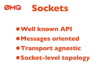 Sockets

•Well known API
•Messages oriented
• Transport agnostic
•Socket-level topology
 