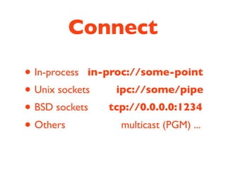 Connect

• In-process in-proc://some-point
• Unix sockets ipc://some/pipe
• BSD sockets tcp://0.0.0.0:1234
• Others           multicast (PGM) ...
 