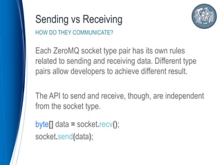 Each ZeroMQ socket type pair has its own rules
related to sending and receiving data. Different type
pairs allow developer...