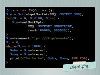 $ctx = new ZMQContext();
$in = $ctx->getSocket(ZMQ::SOCKET_SUB);
for($i = 0; $i<100; $i++) {
   $in->setSockOpt(
           ZMQ::SOCKOPT_SUBSCRIBE,
           rand(100000, 999999));
}
$in->connect("ipc:///tmp/events");
$i = 0;
while($i++ < 1000) {
  $who = $in->recv();
  $msg = $in->recv();
  printf("%s %s %s", $who, $msg, PHP_EOL);
}
                                cli ent.php
 