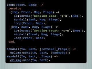 loop(Front, Back) ->
 receive
  {zmq, Front, Msg, Flags} ->
    io:format("Sending Back: ~p~n",[Msg]),
    sendall(Back, Msg, Flags),
    loop(Front, Back);
  {zmq, Back, Msg, Flags} ->
    io:format("Sending Front: ~p~n",[Msg]),
    sendall(Front, Msg, Flags),
    loop(Front, Back)
 end.

sendall(To, Part,   [rcvmore|_Flags]) ->
  erlzmq:send(To,   Part, [sndmore]);
sendall(To, Part,   _Flags) ->
  erlzmq:send(To,   Part).
 