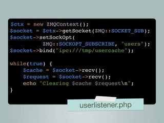 $ctx = new ZMQContext();
$socket = $ctx->getSocket(ZMQ::SOCKET_SUB);
$socket->setSockOpt(
          ZMQ::SOCKOPT_SUBSCRIBE, "users");
$socket->bind("ipc:///tmp/usercache");

while(true) {
    $cache = $socket->recv();
    $request = $socket->recv();
    echo "Clearing $cache $requestn";
}


                     userlistener.php
 