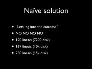 Naïve solution

• “Lets log into the database”
• NO NO NO NO
• 120 lines/s (7200 disk)
• 167 lines/s (10k disk)
• 250 lines/s (15k disk)
 