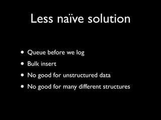 Less naïve solution

• Queue before we log
• Bulk insert
• No good for unstructured data
• No good for many different structures
 