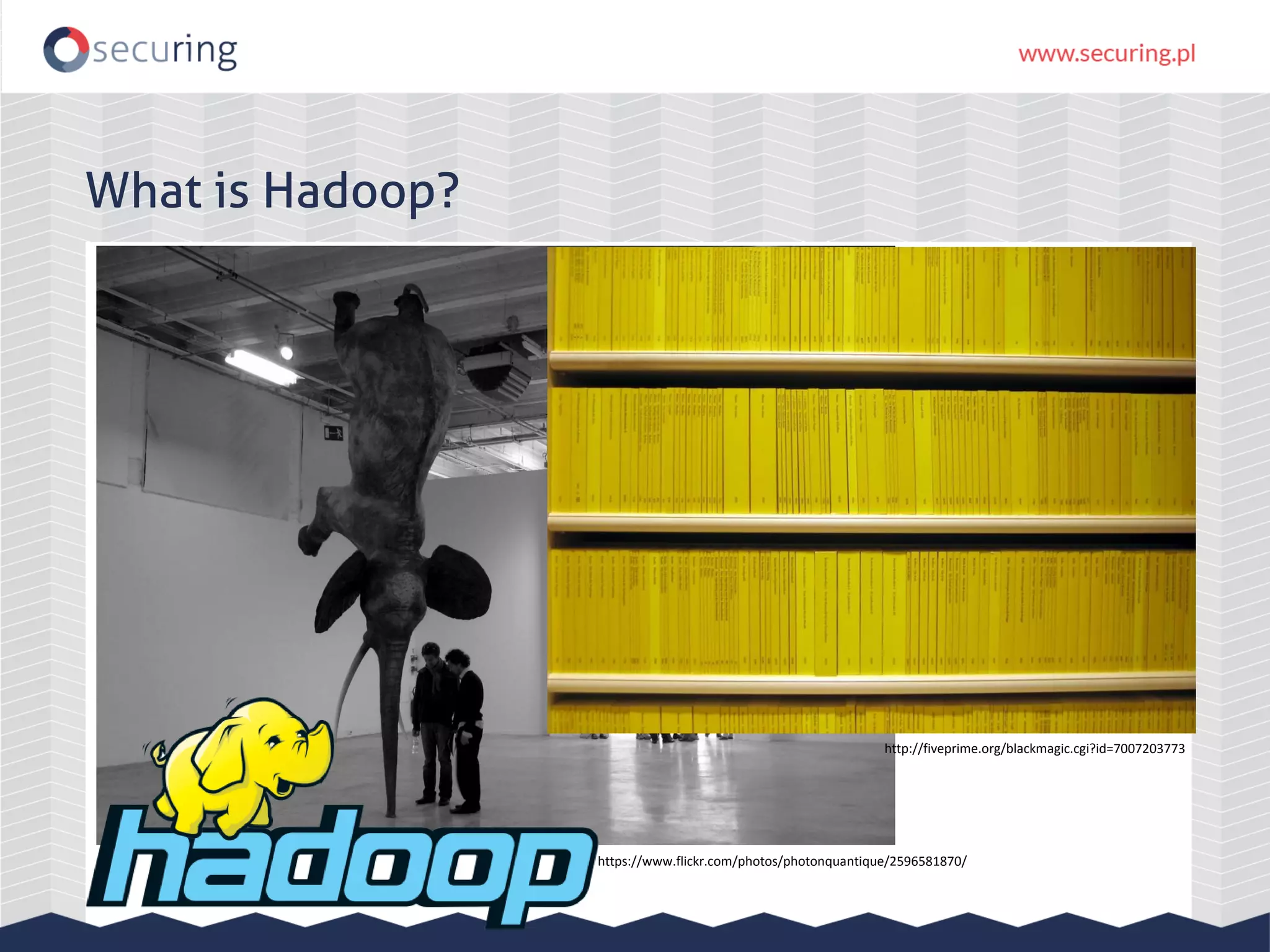 What is Hadoop? https://www.flickr.com/photos/photonquantique/2596581870/ http://fiveprime.org/blackmagic.cgi?id=7007203773 