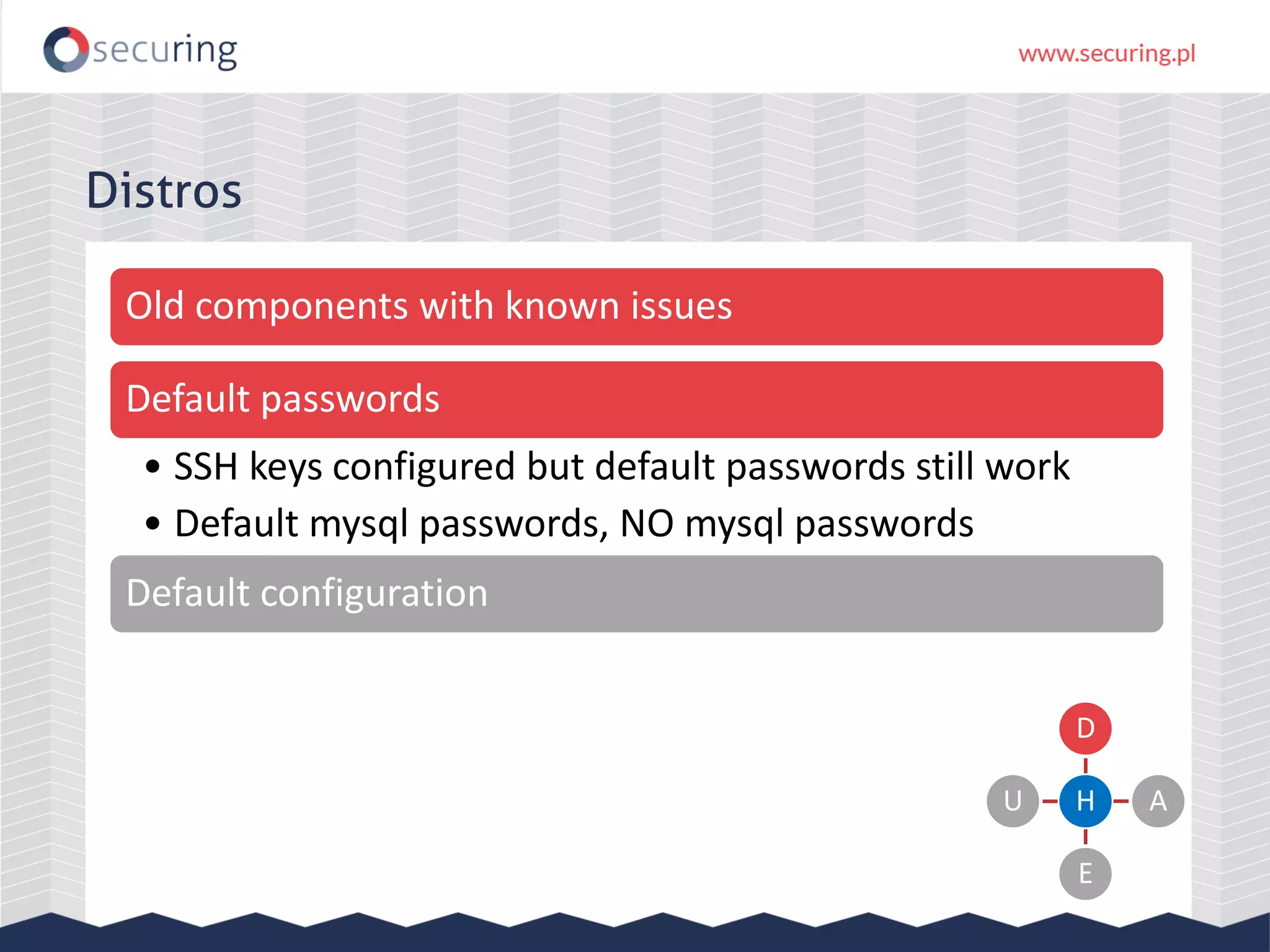 Distros Old components with known issues Default passwords • SSH keys configured but default passwords still work • Default mysql passwords, NO mysql passwords Default configuration H D A E U 