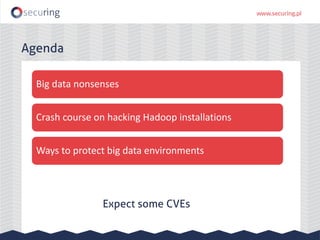 Agenda
Big data nonsenses
Crash course on hacking Hadoop installations
Ways to protect big data environments
Expect some CVEs
 